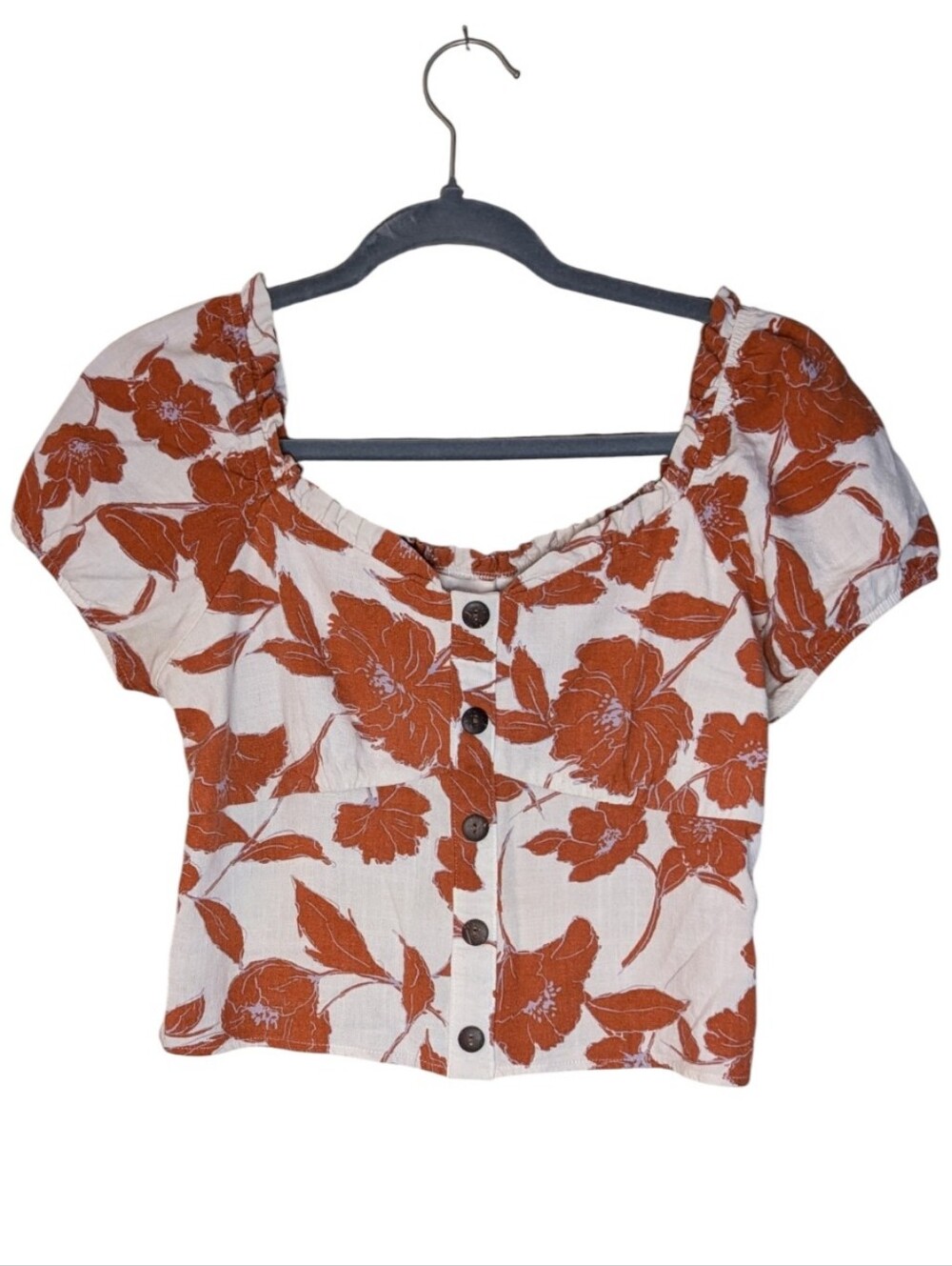 Monteau Floral Crop Top Burnt Orange Boho Peasant Button Front top size Medium